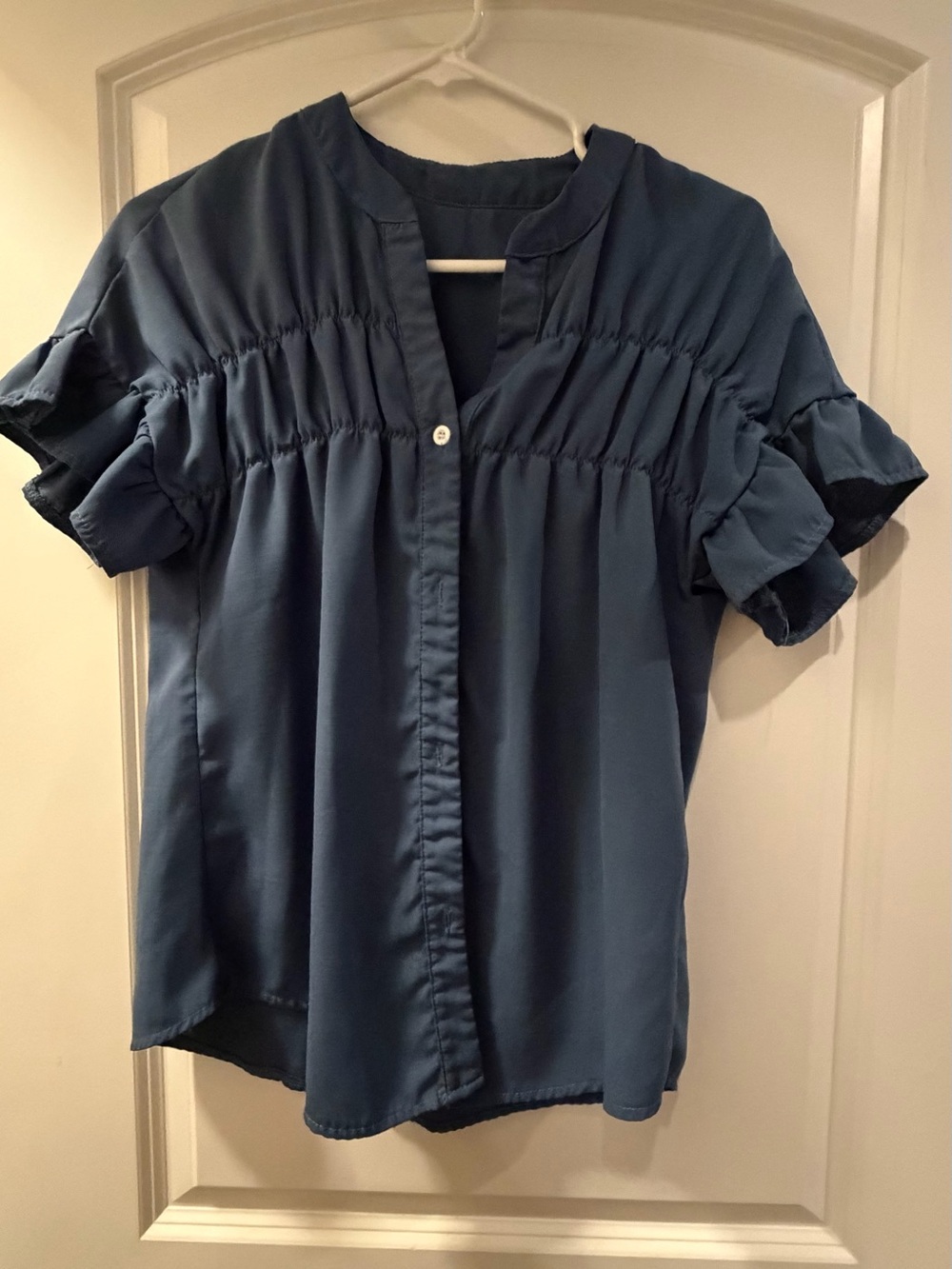 SHEIN Navy Blue Short-Sleeve Button Down Smocked Blouse